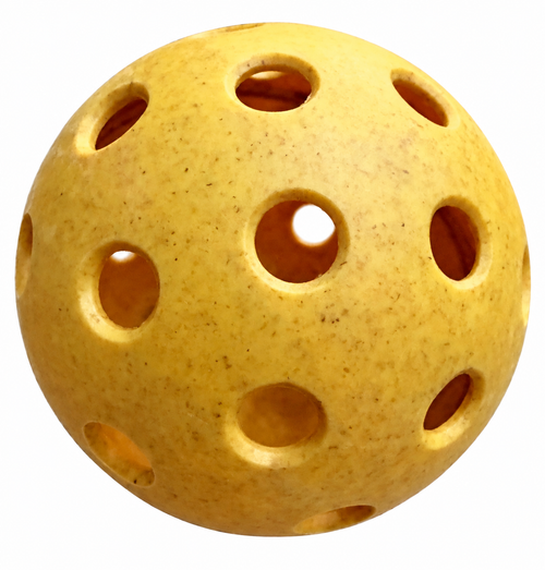 Single yellow HighBounce pickleball on a white background