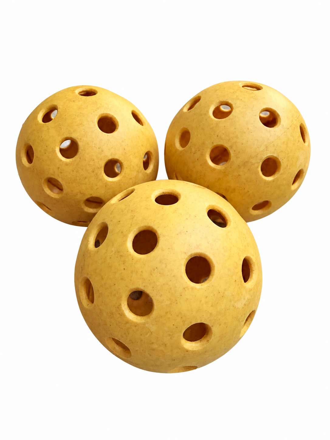 Three yellow HighBounce pickleballs on a white background